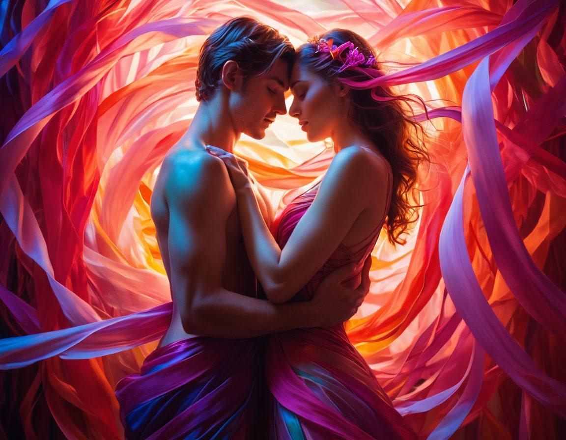 A vivid scene of two intertwined figures in a soft, glowing embrace, surrounded by flowing ribbons of vibrant colors representing desire and connection. Ethereal lighting casts a warm glow, accentuating their expressions of intimacy and exploration. Delicate flowers and abstract shapes float in the background, enhancing the theme of sensuality. surreal art. vibrant colors. soft focus.