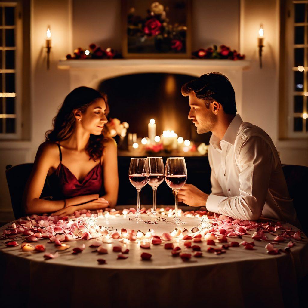 A romantic and intimate setting featuring a softly lit candlelit dinner table adorned with delicate rose petals. In the foreground, a couple leaning in, their eyes locked in deep conversation, exuding chemistry and warmth. Subtly blurred background elements like wine glasses and gentle fairy lights enhance the seductiveness of the scene. Capture the essence of seduction and connection. super-realistic. warm tones. soft focus.