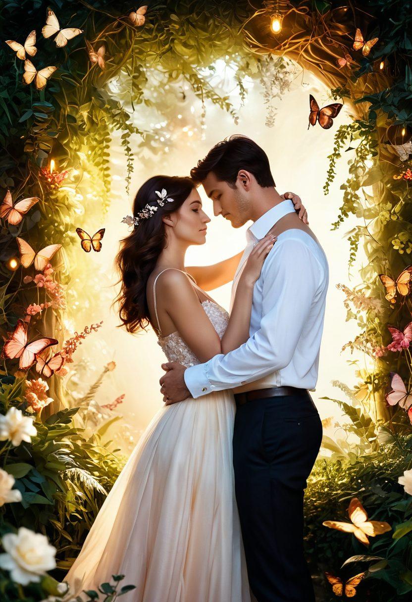A captivating scene of a couple embracing in a lush, romantic garden, surrounded by blooming flowers and soft, golden sunlight filtering through the leaves. Their expressions reflect deep passion and connection, with gentle touches and intense eye contact. In the background, hints of soft, swirling colors enhance the mood, evoking intimacy and desire. Include ethereal elements like delicate butterflies or twinkling fairy lights to symbolize attraction and connection. surrealism. warm color palette. dreamy atmosphere.